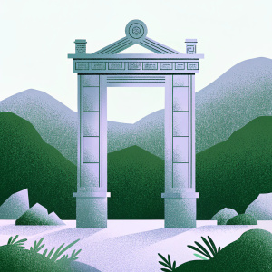 3D digital art of Uncharted 4: A Thief's End. Ornate stone gate under sunlight. Mossy ruins and green mountains in background
