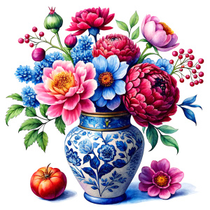  a blue Chineese traditional motiffs decorated Vase on a white wall, THERE ARE IN THE VASE : watercolor tomato red Peonies,burgundy PEONIES , ruspberry Bougainvillea, dandelion ,geranium,LIME Narcissus, ruby crocus,navy blue daffodil ,orange roses ,amaranth Damarion s, red tulips ,deep carrot freesia ,sienna orange lavender Common Crape Myrtle ,Watsonia ,tritoma.carmine Chandramallika, burgundy PEA, burgundy ,SISYMBRIUM,YELLOW CHAMOMILE,KNAPWEED,candy floss pink wax flower , teracotta bluebell f