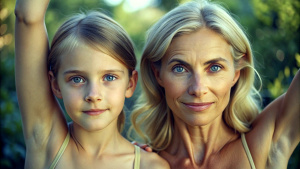 extremely realistic natural visualisation of, blonde mother and daughter, (showing their extremely detailed armpits:1.3), (focused hairy armpits:1.7), (focus on naturalistic long overgrown armpit hair:1.3), natural eyes, extremely detailed and natural skin texture, extremely detailed feminine face, natural lighting, cozy background interior, serious facial expression, high quality, 8k, reality, masterpiece