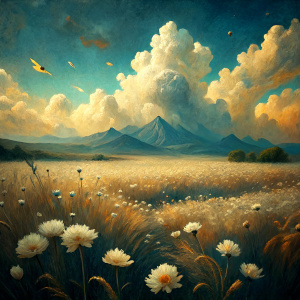 Vintage Old, Soft Colors, Oil Painting, Field Wheat, Landscape Small White Wild Flowers, Mountains, Sky and Clouds