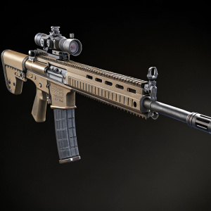 A highly detailed digital 3D model of the MK14 EBR assault rifle, featuring a long barrel and intricate components, rendered in a photorealistic style.