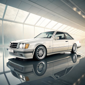 Render of a sleek white Mercedes W124 Coupe. Futuristic digital design with polished surface