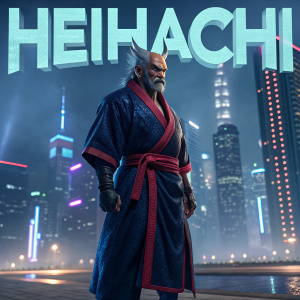 Heihachi, a fierce warrior from Tekken. Wears a traditional samurai outfit with a dark blue robe and red sash. Standing amidst a futuristic cityscape with neon lights and towering skyscrapers. The backdrop features the word 'Heihachi' in bold, modern font.