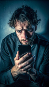"A person staring at a phone screen with a distressed expression, surrounded by dark and eerie imagery."

