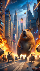 angry kapybaras crushing new york streets pixar style
