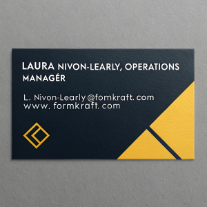 Formkraft Limited business card. Dark background. Prominent yellow geometric shape. Modern logo. Laura Nivon-Learly, Operations Manager. Email: l.nivon-learly@formkraft.com. Website: www.formkraft.com. Clean, professional design.