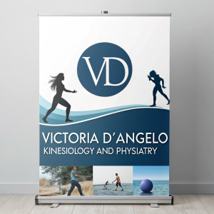 Marketing poster for Victoria D'Angelo's Kinesiology and Physiatry clinic. Features sleek 'VD' logo in modern font.