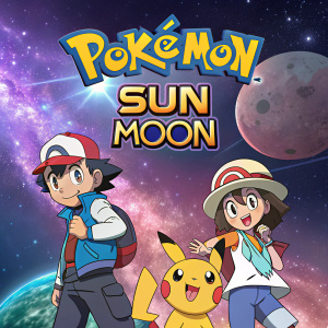 Promotional poster for Pokémon Sun and Moon. Main characters, vibrant cosmic background. Portuguese text for Brazilian market.