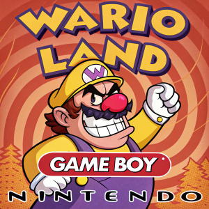 Cartoon cover art for Wario Land on Game Boy. Wario with angry face, large red nose, and mustache. Vibrant orange and red swirling background. Game Boy logo and Nintendo logo prominently displayed.