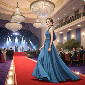 Camilla Belle, at a gala event, wearing an elegant blue dress. The venue is a grand hall with chandeliers and a stage setup for performances.
