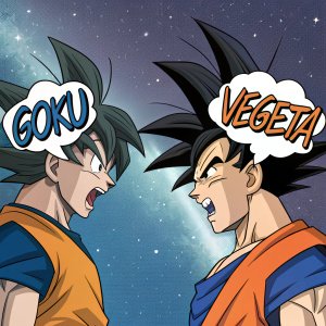 In a vibrant, color-filled comic panel, Goku and Vegeta from Dragon Ball display intense expressions and animated poses, set against a starry cosmos background. Their bodies are stylized, resembling traditional manga art with bold outlines and minimal shading. Speech bubbles convey their heated exchange. The sequence tells a tale of their epic battle in a unique panel layout.