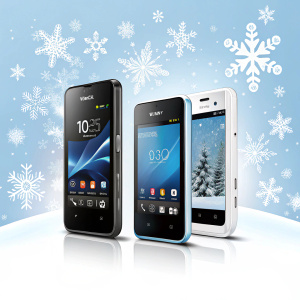 Digital ad showcasing Sony Xperia Tipo smartphones. Each phone's screen displays different apps and features. Snow-like patterned background. Ad is vibrant and attention-grabbing.