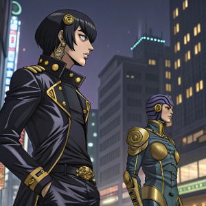 A detailed illustration of Bruno Bucciarati and Sticky Fingers from JoJo's Bizarre Adventure: Golden Wind. Set against an urban backdrop, the artwork highlights the characters' distinct features and attire. Bruno, in his sleek, futuristic outfit, stands alongside Sticky Fingers, a mechanical marvel with intricate metallic details.