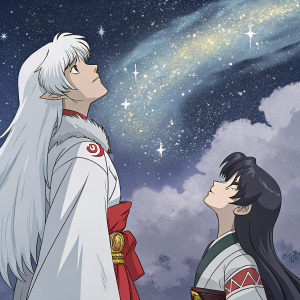 Digital artwork showcasing Sesshoumaru and Rin from Inuyasha. Ethereal sky filled with swirling galaxies, blending shades of silver, dark blue, and starry whites.