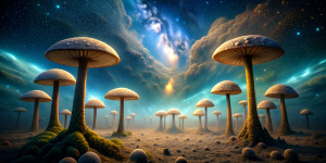 outer space with glowing mushrooms