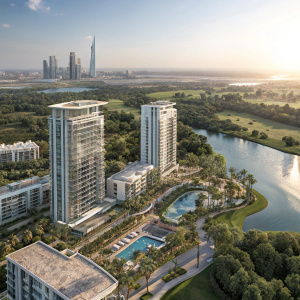 Aerial view of luxury apartments in Dubai. Modern architecture with glass facades, surrounded by lush greenery and water features. Floor plans showcase spacious living areas and high-end finishes.