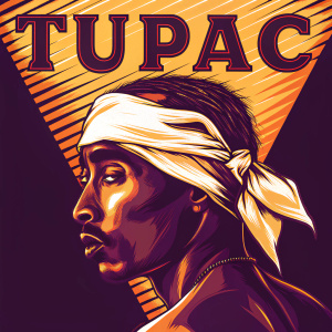 Stylized black and white poster featuring the silhouette of Tupac Shakur. His iconic hairstyle and facial features are prominently displayed against a stark white background, creating a strong contrast. 'Tupac' is boldly written at the top.