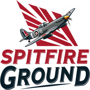 The Spitfire Ground St. Lawrence logo featuring a sleek fighter jet in mid-flight. Bold text 'Spitfire Ground' below. Dynamic red and white colors with a sharp, angled graphic element.