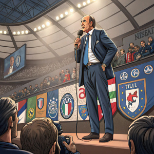 Giampiero Ventura, Italian football manager, addressing the crowd at a press conference. He stands confidently on stage, surrounded by team logos and banners.
