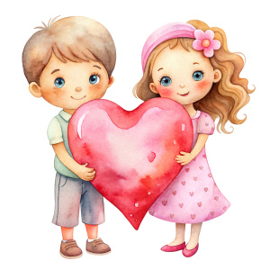 valentine,pink,liberty hold heart,white background,couple kids,no cloth