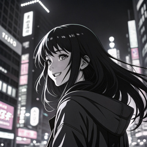 Anime girl, dark hair flowing, playful smirk, black and white graphic. Neon cityscape background