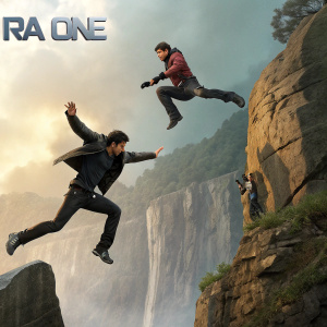 Storyboard for Ra One featuring intense action scene. Characters in mid-air pose. Rugged cliff as background. Title RA ONE at top.
