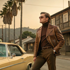 Digital artwork showcasing Leonardo DiCaprio as Rick Dalton from 'Once Upon a Time in Hollywood'. Clad in brown leather jacket and turtleneck, posing next to vintage car. Surrounded by palm trees and rustic wooden buildings, evoking the golden age of Hollywood.