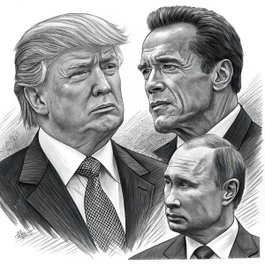 Caricatures of Donald Trump, Vladimir Putin, Arnold Schwarzenegger, and Robert Binkowski drawn in a detailed black and white sketch style with clear lines and shading.