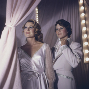 Melissa Etheridge and Tammy Lynn Michaels at the 'Cats' premiere. Hollywood Blvd. Glamorous evening attire, posing with a backdrop of golden curtains and flashing lights.