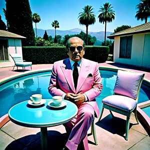 don carleone in sunglasses and a pink suit sits in the backyard at a round table and drinks tea 