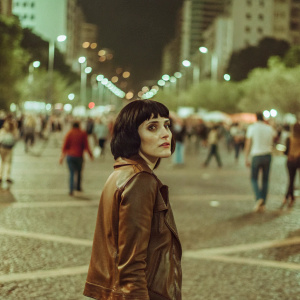 Rooney Mara, in a brown leather jacket, short black hair, standing in a bustling city square at night.