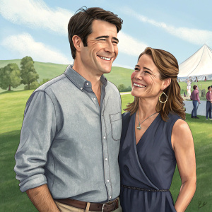 Goran Visnjic and Maura Tierney at a charity event, smiling and posing. Sunny day, grassy field with a tent in the background.