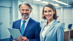 smiling two professional business people standing in office with with digital tablets