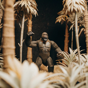 Gorilla Grodd, the DC Comics villain, standing amidst a virtual jungle. He's in a fierce pose with a detailed 3D model. Dark backdrop.