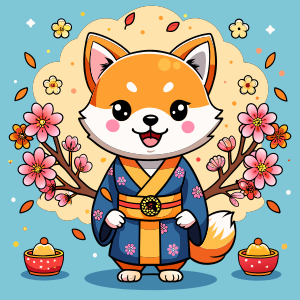 A cute Shiba Inu wearing new clothes, holding cheerful Spring couplets, and joyfully celebrating and wishing everyone a Happy New Year.