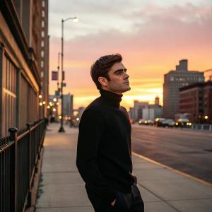 Zac Efron, actor with short brown hair, dressed in a black turtleneck. Standing alone on a New York City sidewalk at sunset.