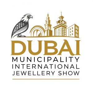 Logo for Dubai Municipality International Jewellery Show. Modern and sleek design featuring the city's name in bold, golden font. Includes an architectural structure and a stylized falcon. Uses a simple, elegant color palette of gold and earthy tones.