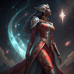 Illustration of Symmetra from Overwatch, detailed view of her lower body. Red and metallic themed attire. Background is dark and cosmic