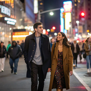 Andrew Schulz and Nessa walking down a bustling New York City street. Bright city lights, crowd of people in the background.