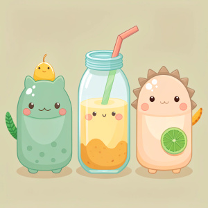 Set of cute dinosaur in various flavor of milk bottle.Animals character design.Beverage.Baby.Kawaii drink.Green tea,orange,strawberry,lemon honey,chocolate.Vector.Illustration.