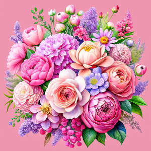 flower arrangement of watercolor image with me pink Peonies , fuchsia daffodil ,pale pink roses ,magenta Damarions,thulian pink Common Crape Myrtle , punch pink Ranunculus viburnum ,salmon pink wax flower ,pink dandelion ,creamy sweet William , misty rose pink yarrow, china rose pink Snowdrop ,taffy pink Watsonia ,coral pink tritoma ,lavender blush viburnum ,french rose pink wax flower , doll pink dandelion ,flamingo pink geranium , baby pink geranium, violets 