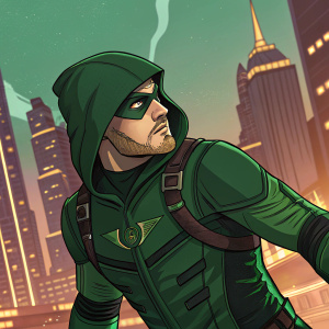Oliver Queen, aka Green Arrow, in dynamic pose. Vibrant comic panel style, green costume with arrow emblem, cityscape background.