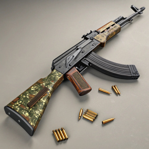Highly detailed digital art of an AK-47 assault rifle. Camouflage pattern, long barrel, camouflaged stock, small bullet cartridges with metallic sheen, realistic rendering focusing on technical details.
