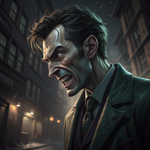 David Tennant in character as the Riddler. Grimacing intensely. Dark and gritty scene with dramatic lighting