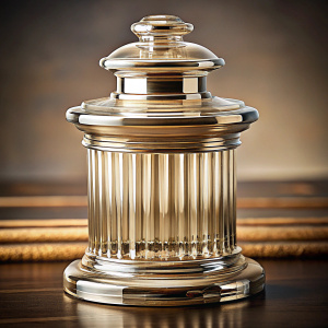 diseña un tarro de cristal elegante con forma de columna dorica. El tapon con forma de capitel dorico