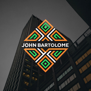 Creative logo design for John Bartolome. Bold geometric pattern in green and orange against a black backdrop.