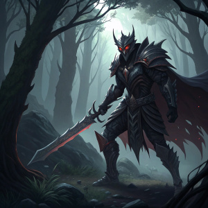 Aatrox, the darkin blade, standing in a dark forest, wielding his sword. Fierce expression