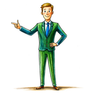 40 years old male teacher in suit, as a drawing for a cartoon, on a white background, whole body he points with his hands