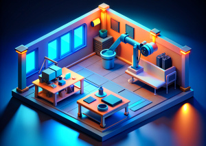 isometric view of a loft with people shooting a video with cameras