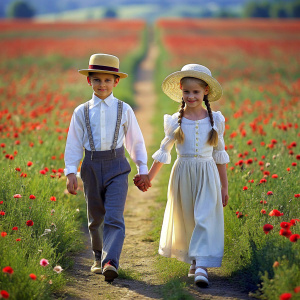 pareja de enamorados niños caminando en el campo de flores